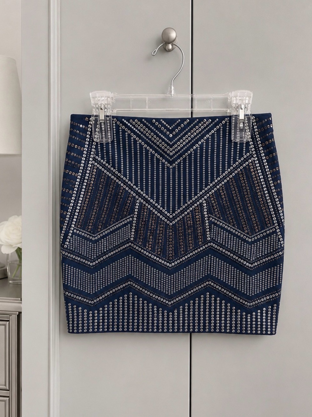 Express Navy Mini Skirt with Silver Sequin Chevron Design